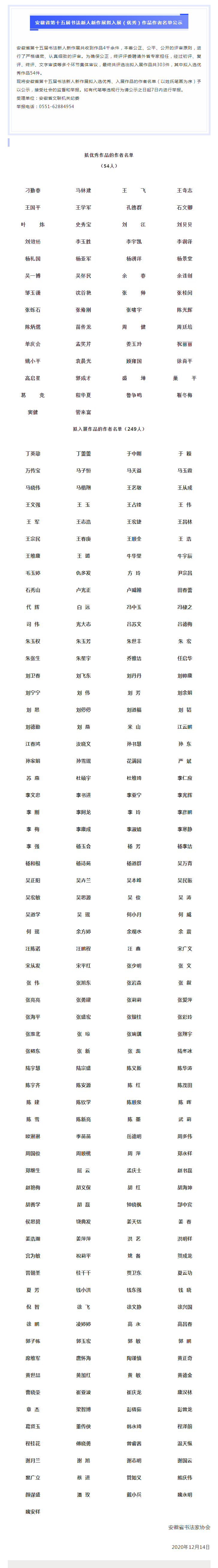 安徽省第十五届书法新人新作展拟入展（优秀）作品作者名单公示(图1)