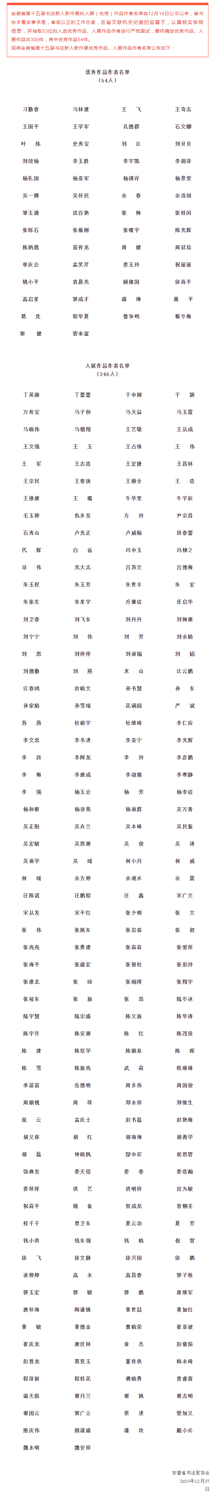 公告 | 安徽省第十五届书法新人新作展入展（优秀）作品作者名单(图1)
