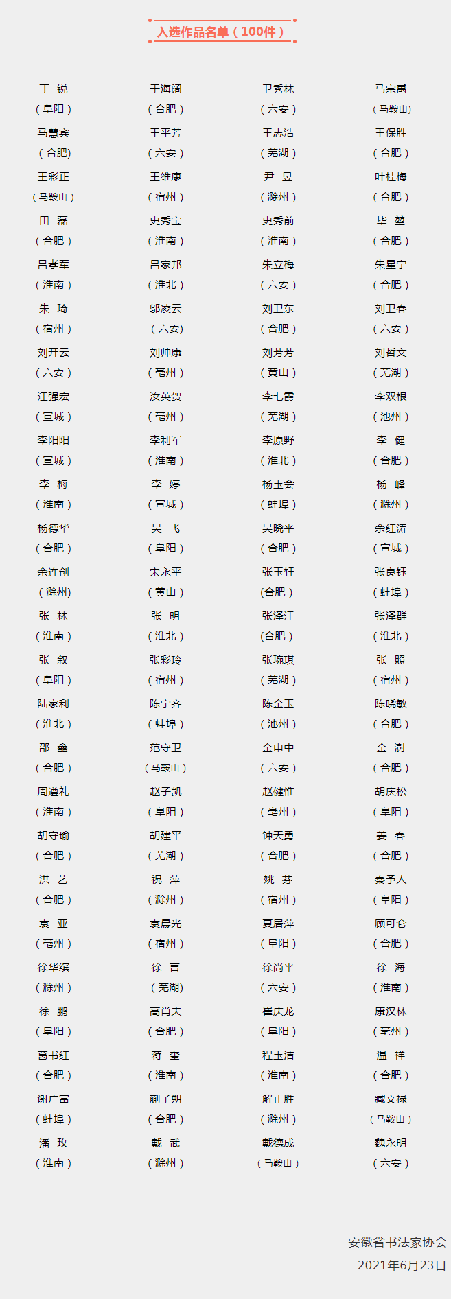 “礼赞百年”——庆祝中国共产党成立100周年主题书法作品征集活动入选作者名单公告(图1)