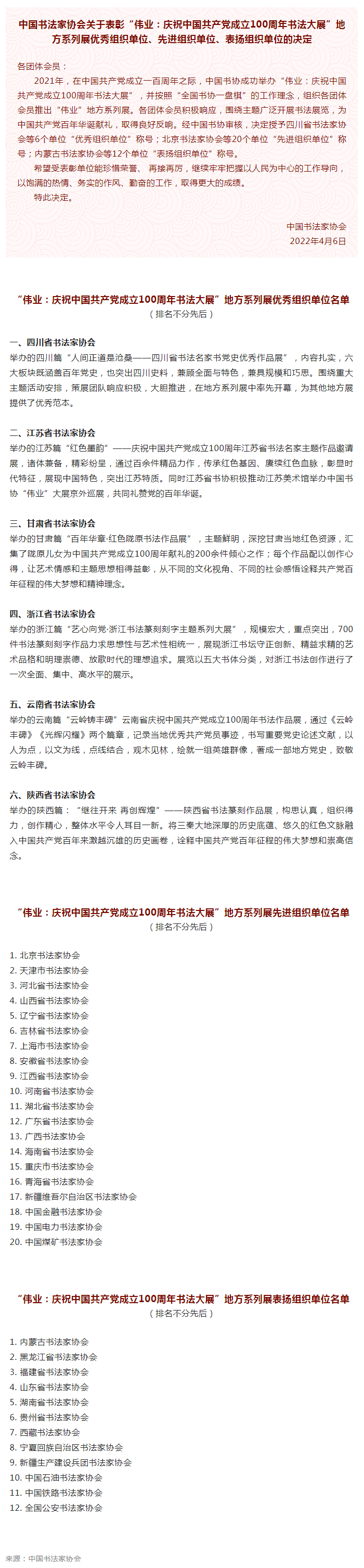 表彰 | “伟业：庆祝中国共产党成立100周年书法大展”地方系列展优秀组织单位、先进组织单位、表扬组织单位(图1)